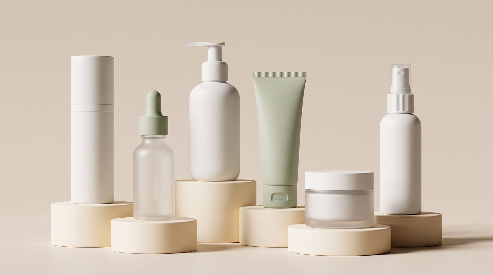 Blank cosmetic containers — pump bottle, dropper, tube and jar — on neutral pedestals